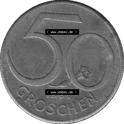 Alte Münze 50 / Fünfzig Groschen Österreich in s/w Schwarzweiß bzw. Graustufen Farbgebung von Scanner transparenten PNG 1959-2001, 50 Groschen 1961-01, Bindenschild... Sammlung