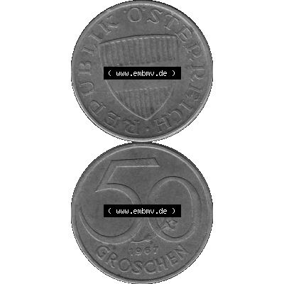 Alte Münze 50 / Fünfzig Groschen Österreich in s/w Schwarzweiß bzw. Graustufen Farbgebung von Scanner transparenten PNG 1959-2001, 50 Groschen 1967-01, Bindenschild... Sammlung