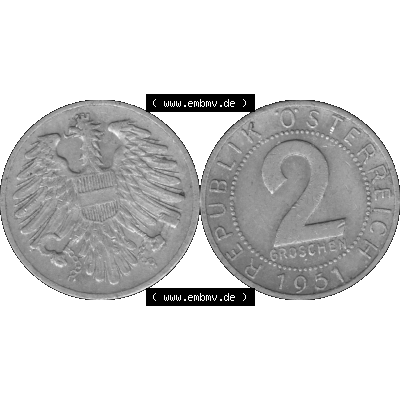 Alte Münze aus Österreich als PNG-Grafik 1950-1994, 2 Groschen 1951-01 Graustufen. Vorderseite und Rückseite der 2 Groschen Münze vertikal auf einen digitalen Graustufen... Sammlung