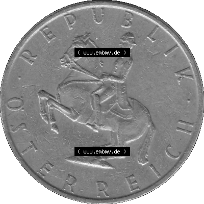 Alte Münze 5 / Fünf Schilling Österreich in s/w Schwarzweiß bzw. Graustufen Farbgebung von Scanner transparenten PNG 1968-2001, 5 Schilling 1969-02, Reiter... Sammlung