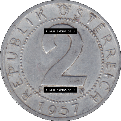 Alte Münze aus Österreich als PNG-Grafik 1950-1994, 2 Groschen 1957-01. Rückseite der alten 2 Groschen Umlaufmünze aus Österreich, Münze wurde vor dem Euro... Sammlung