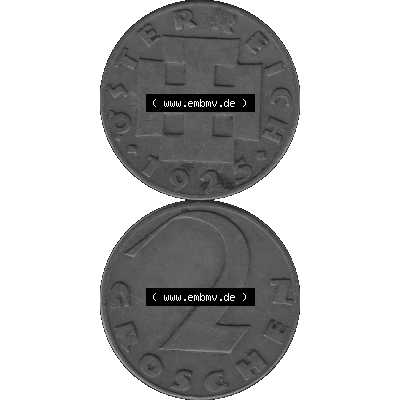 Alte Münze 2 / Zwei Groschen Österreich in s/w Schwarzweiß bzw. Graustufen Farbgebung von Scanner transparenten PNG 1925-1938, 2 Zwei Groschen, Krückenkreuz... Sammlung