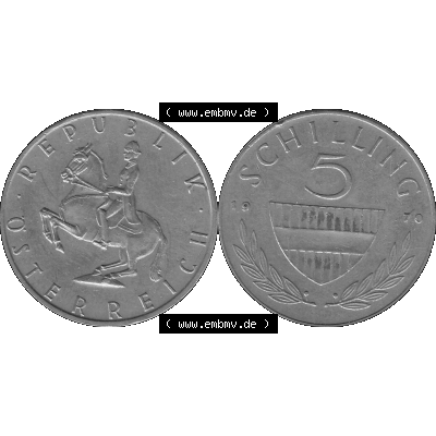 Alte Münze 5 / Fünf Schilling Österreich in s/w Schwarzweiß bzw. Graustufen Farbgebung von Scanner transparenten PNG 1968-2001, 5 Schilling 1970-02, Reiter... Sammlung