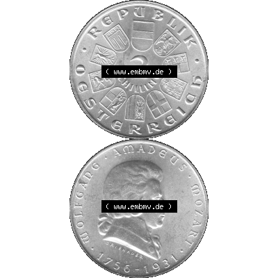 Alte Münze Österreich 1931-1931, 2 Schilling 1931-01, Silbermünze Wolfgang Amadeus Mozart Graustufen. Vorderseite und Rückseite in Graustufen der 2 / Zwei Schilling-Münze... Sammlung