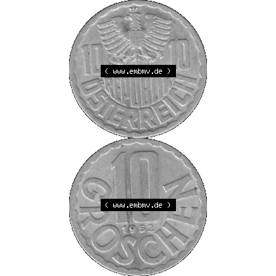 Alte Münze 10 / Zehn Groschen Österreich in s/w Schwarzweiß bzw. Graustufen Farbgebung von Scanner transparenten PNG 1951-2001, 10 Groschen 1952-01 Graustufen.... Sammlung