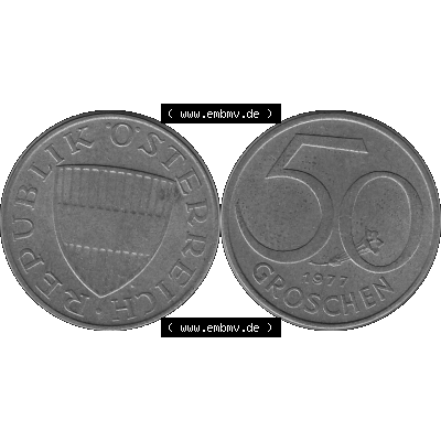 Alte Münze 50 / Fünfzig Groschen Österreich in s/w Schwarzweiß bzw. Graustufen Farbgebung von Scanner transparenten PNG 1959-2001, 50 Groschen 1977-01, Bindenschild... Sammlung