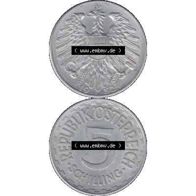 Alte Münze aus Österreich als PNG-Grafik 1952-1957, 5 Schilling 1952-01. Vorderseite und Rückseite der 5 Schilling Münze vertikal auf einen digitalen Bild der alten österreichischen... Sammlung