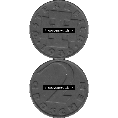 Alte Münze 2 / Zwei Groschen Österreich in s/w Schwarzweiß bzw. Graustufen Farbgebung von Scanner transparenten PNG 1925-1938, 2 Zwei Groschen, Krückenkreuz... Sammlung