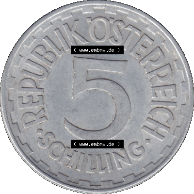 Alte Münze aus Österreich als PNG-Grafik 1952-1957, 5 Schilling 1952-01. Rückseite der alten 5 Schilling Umlaufmünze aus Österreich, Münze wurde vor dem... Sammlung