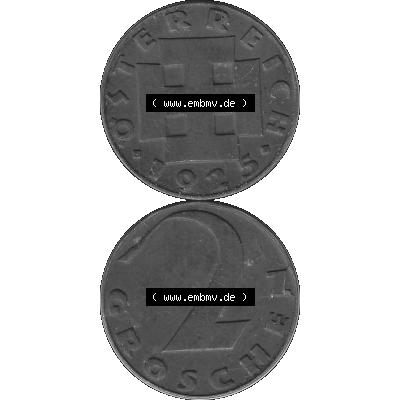 Alte Münze 2 / Zwei Groschen Österreich in s/w Schwarzweiß bzw. Graustufen Farbgebung von Scanner transparenten PNG 1925-1938, 2 Zwei Groschen, Krückenkreuz... Sammlung