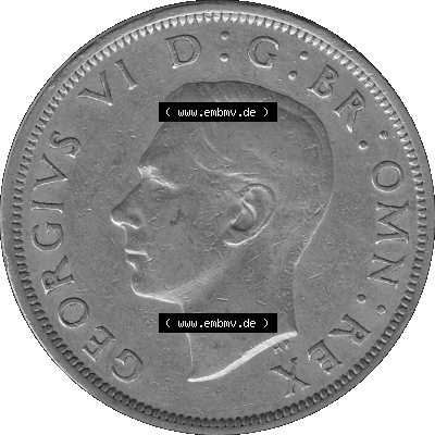 Alte Münze Großbritannien, Bild in s/w bzw. Graustufen PNG-Grafik 1947-1948, Halbe - 1/2 Krone, Half Crown 1947-01, George VI, FID DEF IND IMP HALF... Sammlung