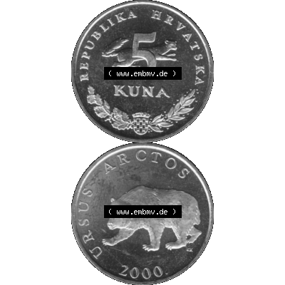 Alte Münze Kroatien Umlaufmünze 1994-2022, 5 Kuna 2000-01 Graustufen Graustufen. Vorderseite und Rückseite in Graustufen der kroatischen vor-Euro-Münze, vertikal... Sammlung