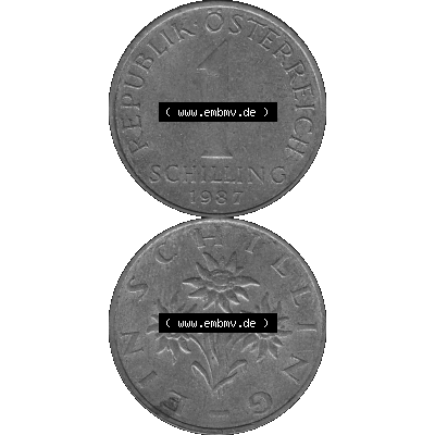 Alte Münzen Österreich 1 / Ein Schilling 1959-2001, 1 Schilling 1987-01, Edelweiß Graustufen. Vorderseite und Rückseite in Graustufen der 1 / Ein Schilling-Münze... Sammlung