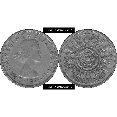 Alte Münze Großbritannien, Bild in s/w bzw. Graustufen PNG-Grafik, Umlaufmünze aus dem Zeitraum 1954-1970, 2 Schilling-Florin, Two Shillings, 1961-02... Sammlung