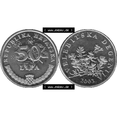 Alte Münze Kroatien Umlaufmünze 1993-2021, 50 Lipa 2003-01 Graustufen Graustufen. Vorderseite und Rückseite der kroatischen Münze / Kursmünze, vertikal auf... Sammlung