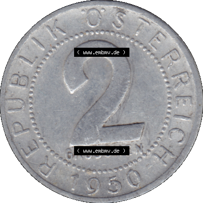 Alte Münze aus Österreich als PNG-Grafik 1950-1994, 2 Groschen 1950-01. Rückseite der alten 2 Groschen Umlaufmünze aus Österreich, Münze wurde vor dem Euro... Sammlung