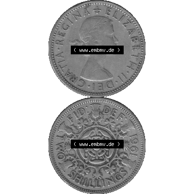 Alte Münze Großbritannien, Bild in s/w bzw. Graustufen PNG-Grafik, Umlaufmünze aus dem Zeitraum 1954-1970, 2 Schilling-Florin, Two Shillings, 1961-02... Sammlung