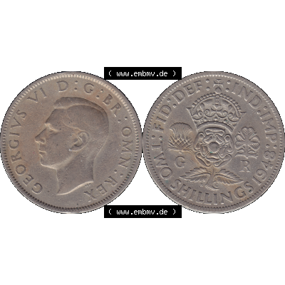 Alte Münze Großbritannien, Bild in Farbe bzw. Color PNG-Grafik, Umlaufmünze aus dem Zeitraum 1947-1948, 2 Schilling-Florin, Two Shillings, 1948-06,... Sammlung