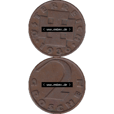 Alte Münze 2 / Zwei Groschen Österreich in original Farbgebung von Scanner transparenten PNG 1925-1938, 2 Zwei Groschen, Krückenkreuz 1936-02. Vorderseite und Rückseite... Sammlung