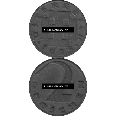 Alte Münze 2 / Zwei Groschen Österreich in s/w Schwarzweiß bzw. Graustufen Farbgebung von Scanner transparenten PNG 1925-1938, 2 Zwei Groschen, Krückenkreuz... Sammlung