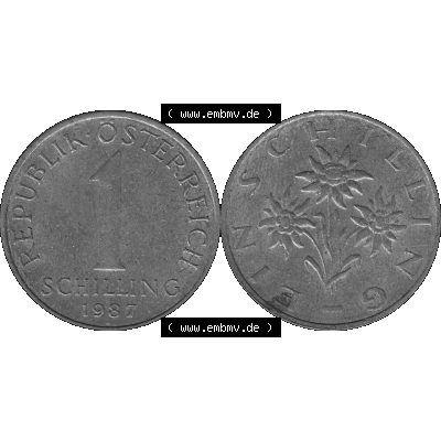 Alte Münzen Österreich 1 / Ein Schilling 1959-2001, 1 Schilling 1987-01, Edelweiß Graustufen. Vorderseite und Rückseite der Österreich Zweite Republik Ein... Sammlung