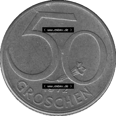 Alte Münze 50 / Fünfzig Groschen Österreich in s/w Schwarzweiß bzw. Graustufen Farbgebung von Scanner transparenten PNG 1959-2001, 50 Groschen 1972-01, Bindenschild... Sammlung
