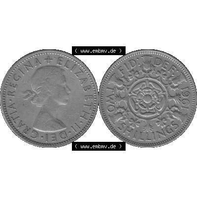 Alte Münze Großbritannien, Bild in s/w bzw. Graustufen PNG-Grafik, Umlaufmünze aus dem Zeitraum 1954-1970, 2 Schilling-Florin, Two Shillings, 1961-01... Sammlung