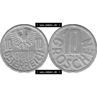 Alte Münze 10 / Zehn Groschen Österreich in s/w Schwarzweiß bzw. Graustufen Farbgebung von Scanner transparenten PNG 1951-2001, 10 Groschen 1968-01 Graustufen.... Sammlung