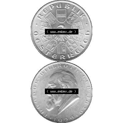 Alte Münze Österreich 1929-1929, 2 Schilling 1929-01, Silbermünze Theodor Billroth Graustufen. Vorderseite und Rückseite in Graustufen der 2 / Zwei Schilling-Münze... Sammlung
