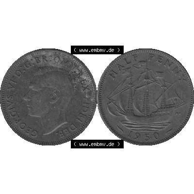 Alte Münze Großbritannien Umlaufmünze Half Penny 1949-1952, Half Penny 1950-01, George VI. GEORGIVS VI D-G-BR-OMN-REX FIDEI DEF.HP Graustufen. Vorderseite... Sammlung