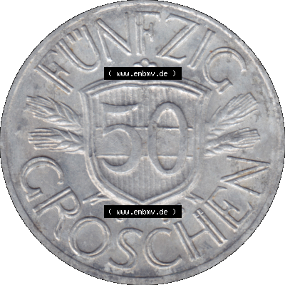 Alte Münze aus Österreich als PNG-Grafik 1946-1955, 50 Groschen 1955-01. Rückseite der alten 50 Groschen Umlaufmünze aus Österreich, Münze wurde vor dem... Sammlung