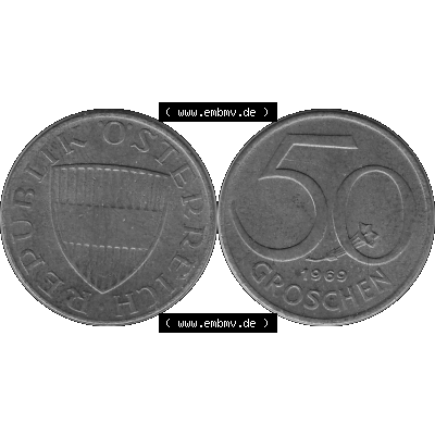 Alte Münze 50 / Fünfzig Groschen Österreich in s/w Schwarzweiß bzw. Graustufen Farbgebung von Scanner transparenten PNG 1959-2001, 50 Groschen 1969-01, Bindenschild... Sammlung