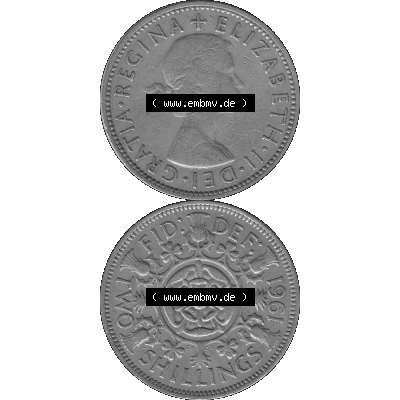 Alte Münze Großbritannien, Bild in s/w bzw. Graustufen PNG-Grafik, Umlaufmünze aus dem Zeitraum 1954-1970, 2 Schilling-Florin, Two Shillings, 1961-01... Sammlung