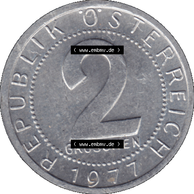 Alte Münze aus Österreich als PNG-Grafik 1950-1994, 2 Groschen 1977-01. Rückseite der alten 2 Groschen Umlaufmünze aus Österreich, Münze wurde vor dem Euro... Sammlung