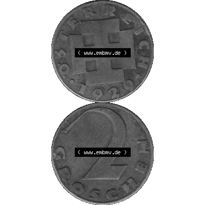 Alte Münze 2 / Zwei Groschen Österreich in s/w Schwarzweiß bzw. Graustufen Farbgebung von Scanner transparenten PNG 1925-1938, 2 Zwei Groschen, Krückenkreuz... Sammlung