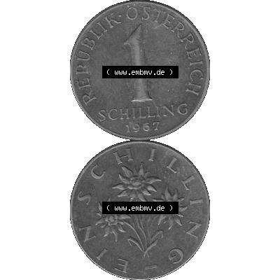 Alte Münzen Österreich 1 / Ein Schilling in Graustufen 1959-2001, 1 Schilling 1967-01, Ein Shilling Edelweiß Graustufen. Vorderseite und Rückseite in Graustufen... Sammlung
