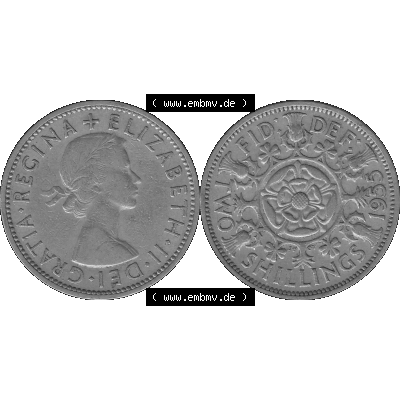 Alte Münze Großbritannien, Bild in s/w bzw. Graustufen PNG-Grafik, Umlaufmünze aus dem Zeitraum 1954-1970, 2 Schilling-Florin, Two Shillings, 1955-01... Sammlung