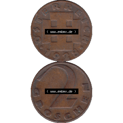 Alte Münze 2 / Zwei Groschen Österreich in original Farbgebung von Scanner transparenten PNG 1925-1938, 2 Zwei Groschen, Krückenkreuz 1928-03. Vorderseite und Rückseite... Sammlung