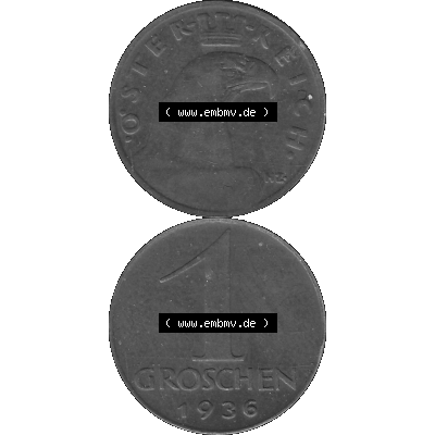 Alte Münze 1 / Ein Groschen Österreich in s/w Schwarzweiß bzw. Graustufen Farbgebung von Scanner transparenten PNG 1925-1938, 1-Ein Groschen, Adlerkopf mit Mauerkrone... Sammlung