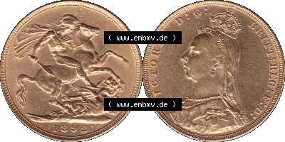 Alte Goldmünze Großbritannien 1887-1892, 1 Pfund Sovereign 1892 (Stück 1) Sammlung
