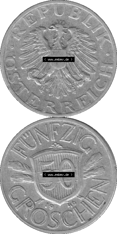 Alte Münze aus Österreich als PNG-Grafik 1946-1955, 50 Groschen 1946 (Stück 1) Graustufen Sammlung