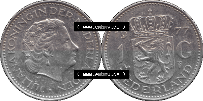 Alte Münze Niederlande in Farbe 1967-1980, 1 Gulden Königin Juliana 1977, niederländisch Nederland Sammlung