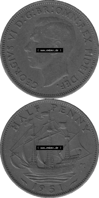 Großbritannien Umlaufmünze Half Penny 1949-1952, Half Penny 1951 (Stück 1), George VI. GEORGIVS VI D-G-BR-OMN-REX FIDEI DEF.HP... Sammlung