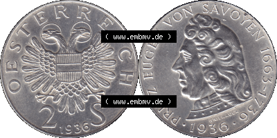 Österreich 1936-1936, 2 Schilling 1936 (Stück 1) Silbermünze Prinz von Savoyen 1663-1736, 12 Gramm 640er Silber Sammlung