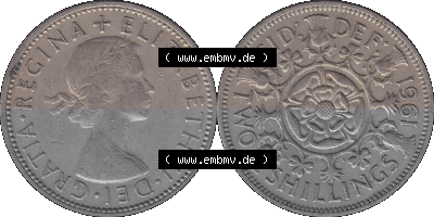 Alte Münze Großbritannien, Bild in Farbe bzw. Color PNG-Grafik, Umlaufmünze aus dem Zeitraum 1954-1970, 2 Schilling-Florin,... Sammlung