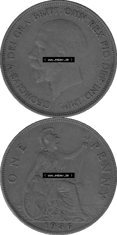 Großbritannien Umlaufmünze One Penny, 1 Pence 1928-1936, 1 One Penny, 1936 (Stück 1), George V. BM GEORGIVS V DEI GRABRITTOMNREX... Sammlung