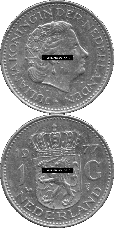 Alte Münze Niederlande in Grau 1967-1980, 1 Gulden Königin Juliana 1977, digitalen Bild in grau / Graustufen, 1 Gulden Umlaufmünze,... Sammlung