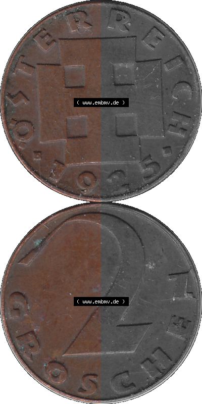 2 / Zwei Groschen Österreich in original Farbgebung von Scanner transparenten PNG 1925-1938, 2 Zwei Groschen, Krückenkreuz 1925... Sammlung