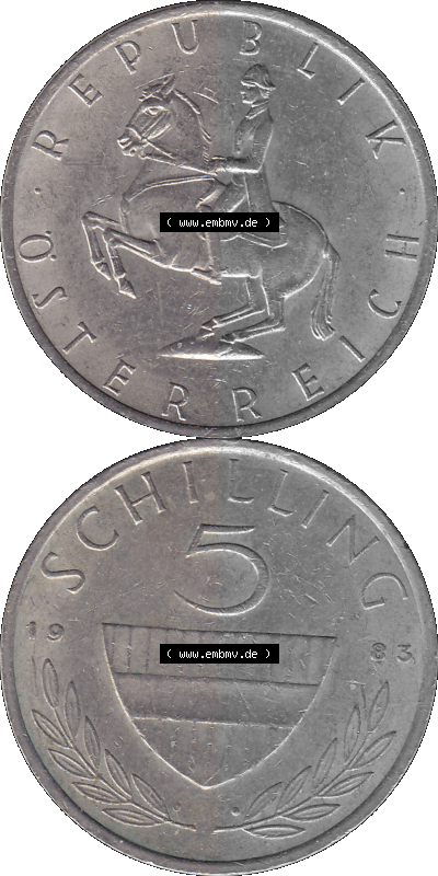 5 / Fünf Schilling Österreich in original Farbgebung von Scanner transparenten PNG 1968-2001, 5 Schilling 1983 (Stück 1), Reiter... Sammlung