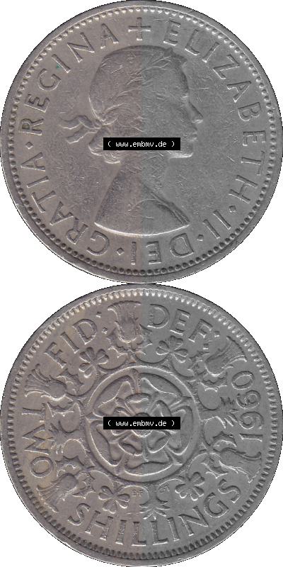 Alte Münze Großbritannien, Bild in Farbe bzw. Color PNG-Grafik, Umlaufmünze aus dem Zeitraum 1954-1970, 2 Schilling-Florin,... Sammlung